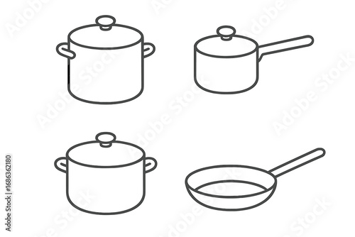 Cooking pots and pans line art icon set. Kitchenware collection with stockpot, saucepan, and frying pan. Minimalist outline vector illustration for culinary and food design.