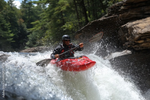 Kayaker Navigates Rapid White Water in Lush Green Forest Setting