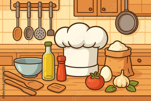 Cooking concept with chef hat, utensils, and fresh ingredients. Kitchen scene for food preparation, recipe, or culinary blog. Vector illustration of gastronomy and home cooking.