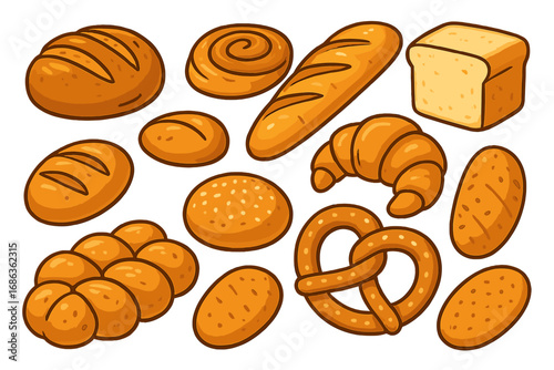Variety of fresh baked bread and pastry items assortment with golden crusts, including rolls, baguette, croissant, pretzel, and sliced loaf on clean white background, vector cartoon style collection