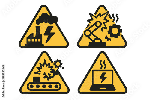 Set of factory warning signs. Industrial malfunction and manufacturing hazard symbols. Broken robot arm, conveyor belt failure, and technology error icons. Vector safety concept.