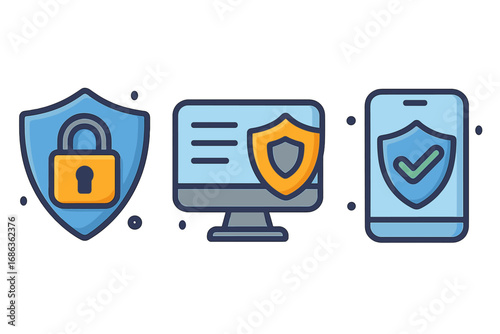 Digital security icon set. Cybersecurity, data protection, online privacy concept. Vector illustrations of shield, lock, computer, and smartphone for internet safety measures.