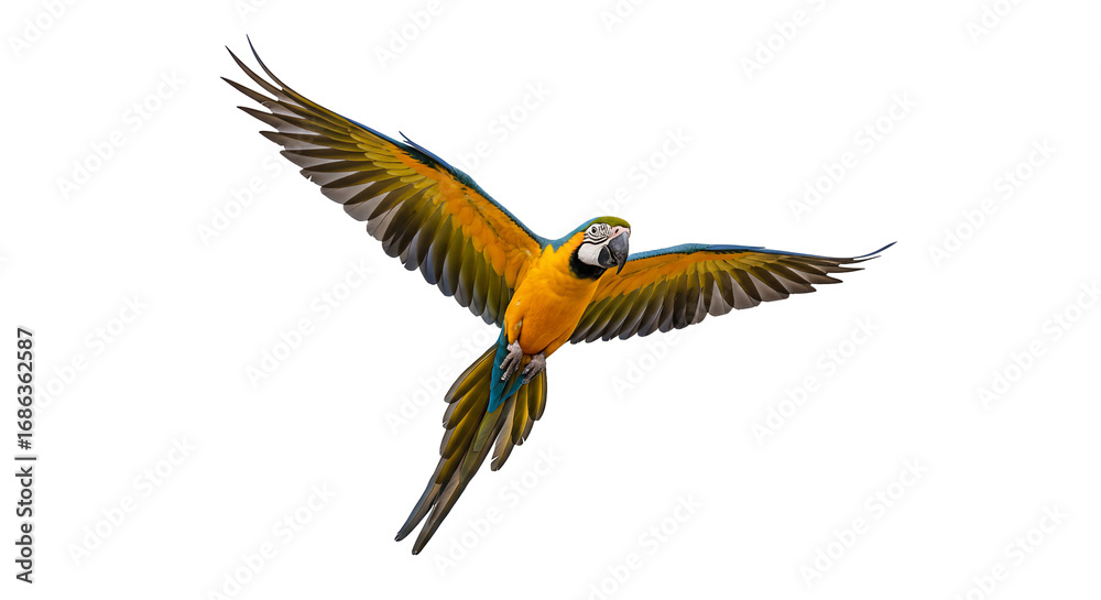 Fototapeta premium Blue and yellow macaw in flight isolated on transparent background