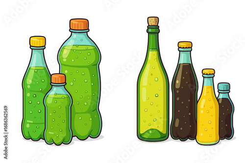 Various bottles of sparkling beverages in different designs and sizes, colorful cartoon vector illustration, refreshing soda, juice, and sparkling water collection with bubbles, transparent background