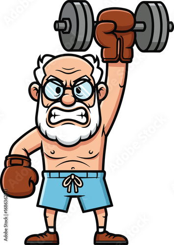 Muscular elderly man lifting dumbbell — boxing gloves, blue shorts, white beard, strong senior character, humorous fitness cartoon illustration