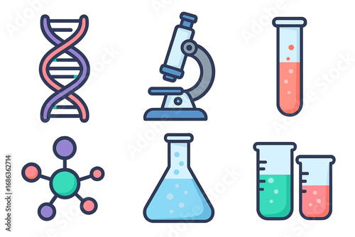 Science Icon Set with DNA Strand, Microscope, Test Tubes, Flask, Molecular Structure, and Beakers in Vector Cartoon Style, Transparent Background, Educational and Laboratory Symbols