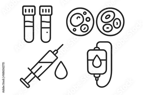 Healthcare vector icons set with blood samples, syringe injection, blood cells, infusion bag, and medical laboratory line drawings, vector cartoon illustration transparent
