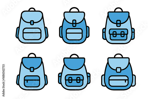 Blue backpack and schoolbag icon set. Collection of linear pictograms for web, app, and graphic design. Vector illustration for travel, school, education, and luggage concepts.