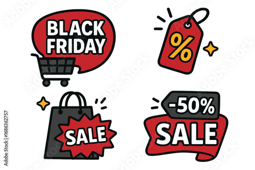 Black Friday sale vector icon collection. Cartoon graphic elements for retail promotion. Shopping cart, discount price tag, percent badge, shopping bag. Special offer stickers.
