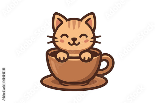 Cute cat in a coffee cup, kawaii cartoon kitten character. Pet in a mug logo or mascot for a coffee shop or cafe. Happy smiling animal vector illustration for branding.