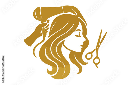 Hair salon logo with woman's head silhouette. Hairdresser with hairdryer and scissors icon. Concept for beauty salon, hairstyling, and haircare. Golden vector illustration.