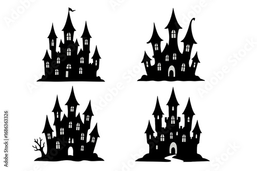 Set of black haunted castle silhouettes. Spooky gothic palace for Halloween party decoration. Dracula vampire horror mansion icon. Dark scary fairytale fortress vector illustration.