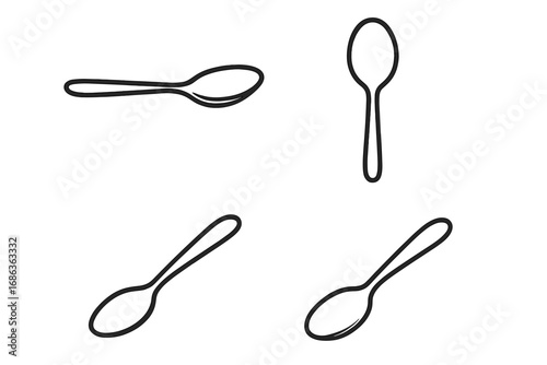 Minimalist spoon outlines set in multiple perspectives, culinary design vector illustration with transparent background, kitchen utensil icons, simple cartoon style ordered collection