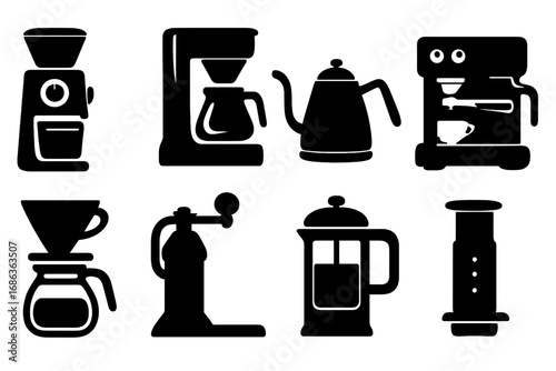 Silhouette icons of coffee brewing equipment for home baristas and coffee lovers, vector cartoon illustration set with transparent background, popular coffee gadgets and tools