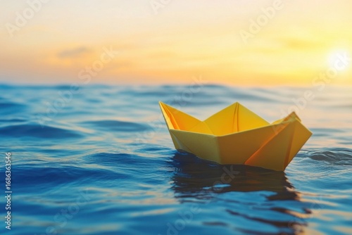 detailed color image of Concept of travel and adventure with paper boat realistic image photo high detail 8k