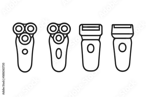 Set of simple black linear electric shaver and razor icons, vector cartoon illustrations with transparent background, ordered collection for grooming, personal care, and hygiene