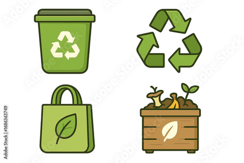 Recycling and composting vector icon set for a sustainable lifestyle. Eco-friendly concept with recycle bin, compost, and reusable bag. Green living and zero waste cartoon symbols.