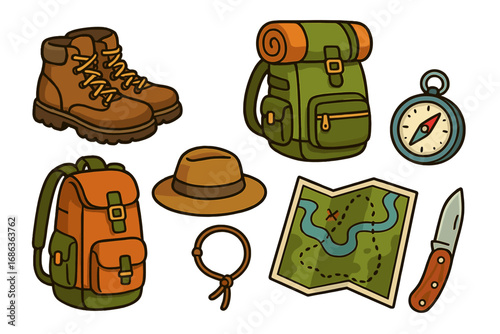 Camping and hiking equipment set for outdoor adventure. Vector cartoon illustration of travel gear: backpack, boots, map, compass, knife. Exploration and survival items.