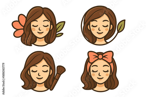 Woman face logo set for beauty salon, spa, cosmetics. Natural organic skincare vector icon collection. Female head with flower, leaf, makeup brush for feminine brand identity.