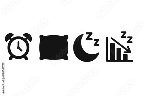 Sleep icons set with alarm clock, pillow, crescent moon, and declining sleep graph in silhouette style, vector cartoon illustration, transparent background, ordered collection