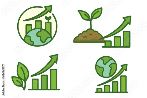 Sustainable Growth Icons with Eco-Friendly Themes and Upward Graphs, Green Energy and Environment Concept, Vector Cartoon Illustration Set with Transparent Background