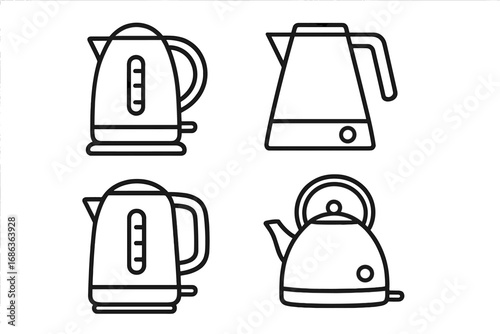 Stylish linear vector designs of electric kettles in diverse shapes and modern styles, minimalist cartoon illustration with transparent background, ordered kitchen appliances set