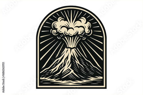 Vintage volcano eruption illustration in a retro woodcut style. Powerful mountain exploding with lava and smoke. Natural disaster concept for a logo, emblem, or print design.