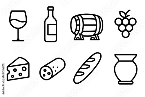 Minimalist Wine Tasting Essentials Icons Set for Food and Beverage Themes, Vector Cartoon Illustration with Transparent Background, Grapes, Cheese, Bread, Bottle, Barrel, Glass