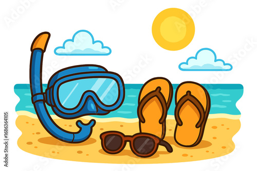 Summer vacation and travel concept. Beach essentials with snorkeling mask, flip flops, and sunglasses on a sandy ocean shore. Tropical holiday seaside relaxation vector.