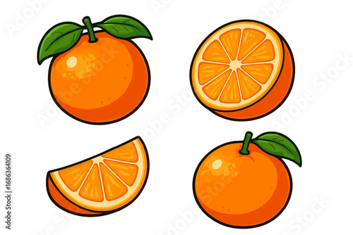 Orange fruit vector illustration set. Fresh cartoon citrus half, slice and whole fruit with leaf. Healthy food icon. Juicy tropical dessert for diet, juice or vitamin C concept.