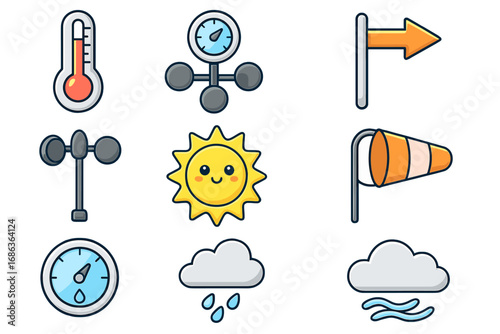 Weather Measurement Icons Vector Set with Thermometer, Barometer, Wind Vane, Sun, Rain, Humidity, and Wind Sock Cartoon Illustrations on Transparent Background for Meteorology Design