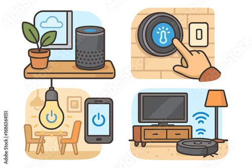 Smart home technology vector icon set. Home automation concept with smart speaker, thermostat, light control via phone, and robot vacuum. Internet of Things (IoT) cartoon icons.