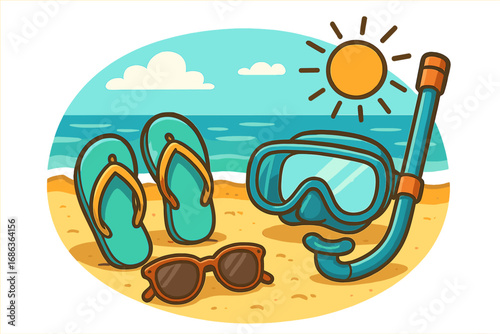 Summer beach vacation essentials vector cartoon. Snorkeling gear, sunglasses, and flip flops on the sand. Concept of travel, holiday, relaxation, and seaside leisure activity.