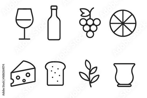 Wine Tasting Essentials Minimalist Line Icons Set, Vector Cartoon Illustration of Glass, Bottle, Grapes, Cheese, Bread, and Herbs for Food and Beverage Themes, Transparent Background