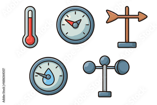Weather Measurement Icons Set Including Thermometer, Barometer, Wind Vane, Anemometer, Hygrometer Vector Cartoon Illustrations on Transparent Background, Ordered Set of Weather Instruments