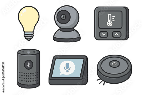 Smart home device vector icon set. Internet of Things (IoT) concept with smart speaker, thermostat, camera, lightbulb, and robot vacuum. Home automation technology icons.