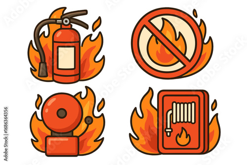 Fire safety equipment icon set. Vector cartoon illustration. Firefighter tools for emergency protection. Hazard warning signs. Extinguisher, alarm bell, hose reel and no fire symbol.