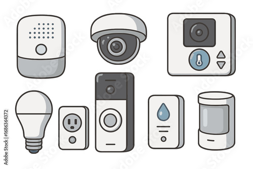 Smart home devices and sensors vector icon set. Home automation, IoT technology concept. Security camera, video doorbell, thermostat, smart plug and motion sensor illustrations.