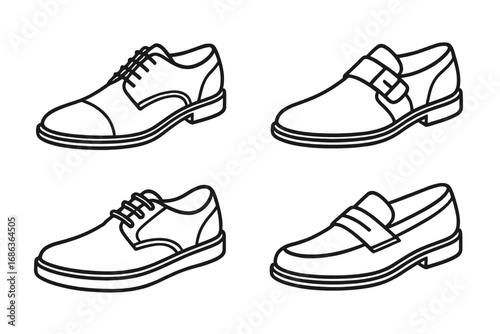 Men's shoes collection outline icon set. Vector line art illustration of classic footwear. Minimalist design of oxford, loafer, derby and monk strap business shoes.