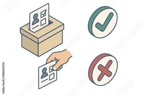 Isometric voting icon set for election and referendum. Vector illustration of a hand casting a ballot into a box, with yes and no checkmark and cross symbols. Democracy concept.