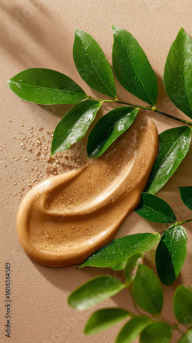 Wallpaper Mural Self tan organic cream with water drops and green leaves on beige background, natural beauty concept with fresh mood Torontodigital.ca