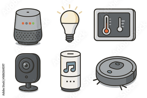Smart home device icon set. Internet of Things, home automation system. Speaker, lightbulb, thermostat, security camera, robot vacuum vector flat cartoon illustration collection.
