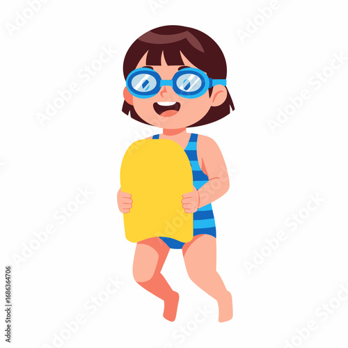Flat vector illustration of a young girl in swim goggles holding a yellow kickboard ready to swim