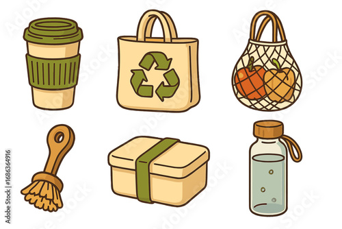 Eco-friendly items for zero waste lifestyle. Sustainable living concept. Reusable coffee cup, tote bag, net bag, water bottle, lunch box. Vector cartoon illustration set.