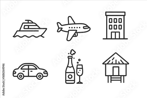 Travel and vacation line icons set. Tourism, holiday, and transport symbols. Luxury lifestyle concept. Yacht, airplane, hotel, car, champagne, beach hut vector illustration.