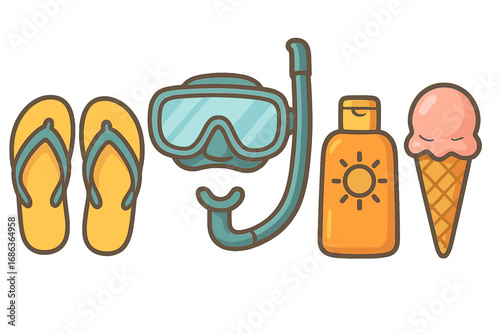 Summer beach vacation essentials icon set. Cute cartoon vector illustration of flip flops, snorkeling mask, sunscreen, and ice cream. Holiday travel items isolated on white.