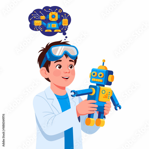 Cartoon boy in lab coat holding robot thinking about circuits