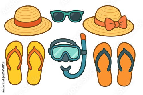 Summer beach vacation essentials. Travel accessories flat lay. Sun hat, sunglasses, flip flops, snorkel mask. Sun protection gear. Vector icon set. Holiday and leisure concept.