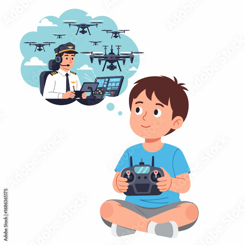 Boy holding drone remote control dreaming of flying drones