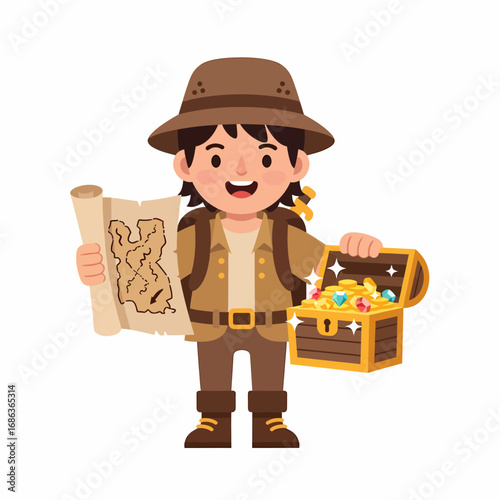 Flat vector illustration of adventurer holding treasure map and chest